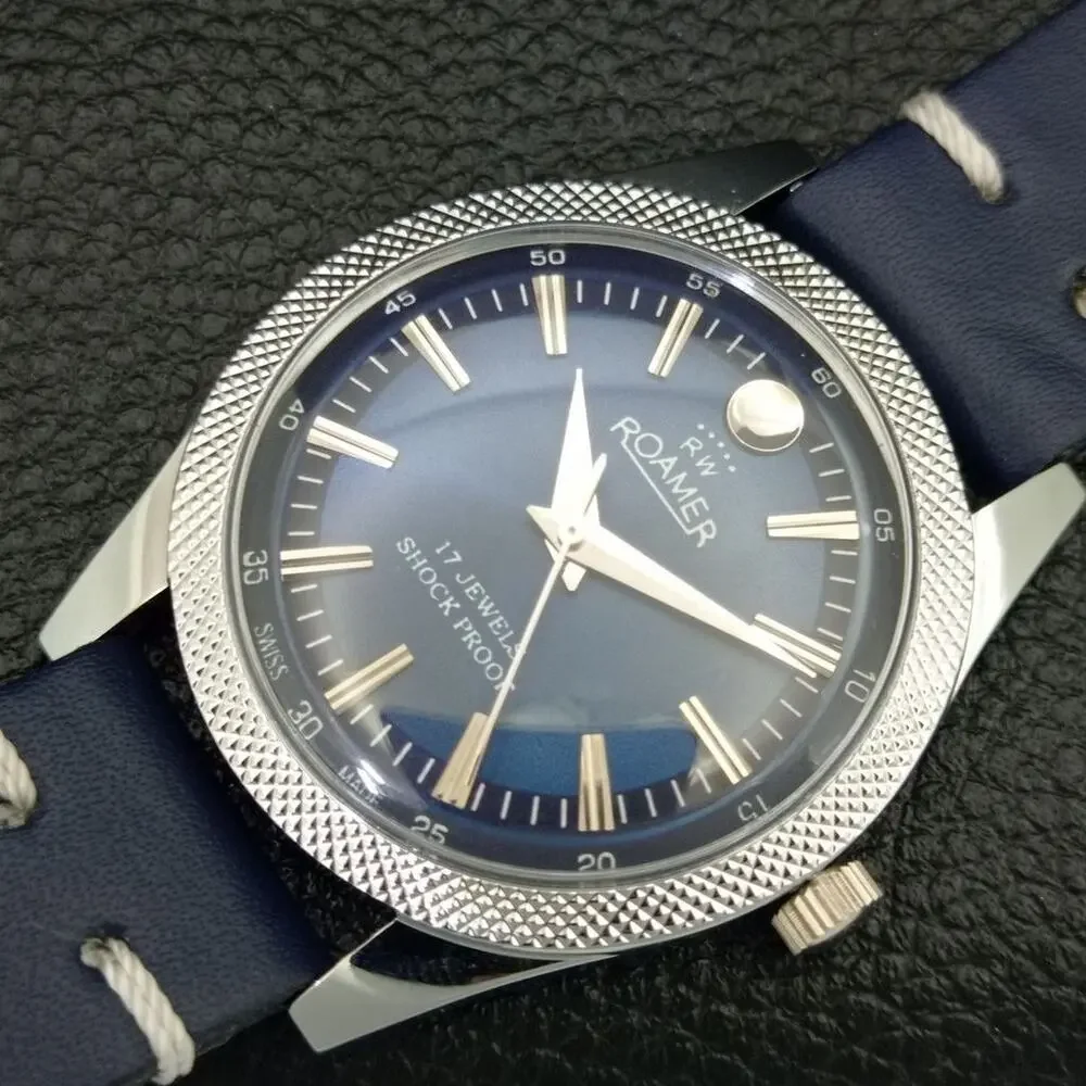 Vintage 1976 Roamer Manual Mens Silver Watch W/Leather Strap & Blue accents